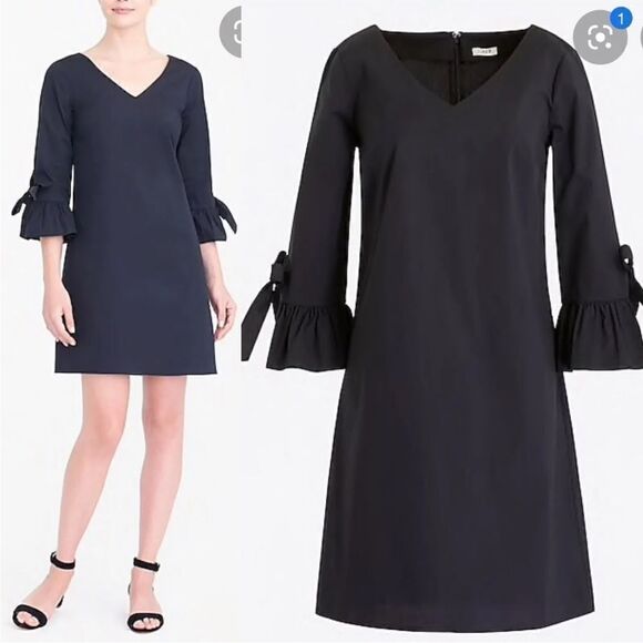 J.Crew V-Neck 3/4 Sleeve woven Ruffle Tie Bell Sleeve Mini LBD Black Shift Dress - Picture 1 of 8